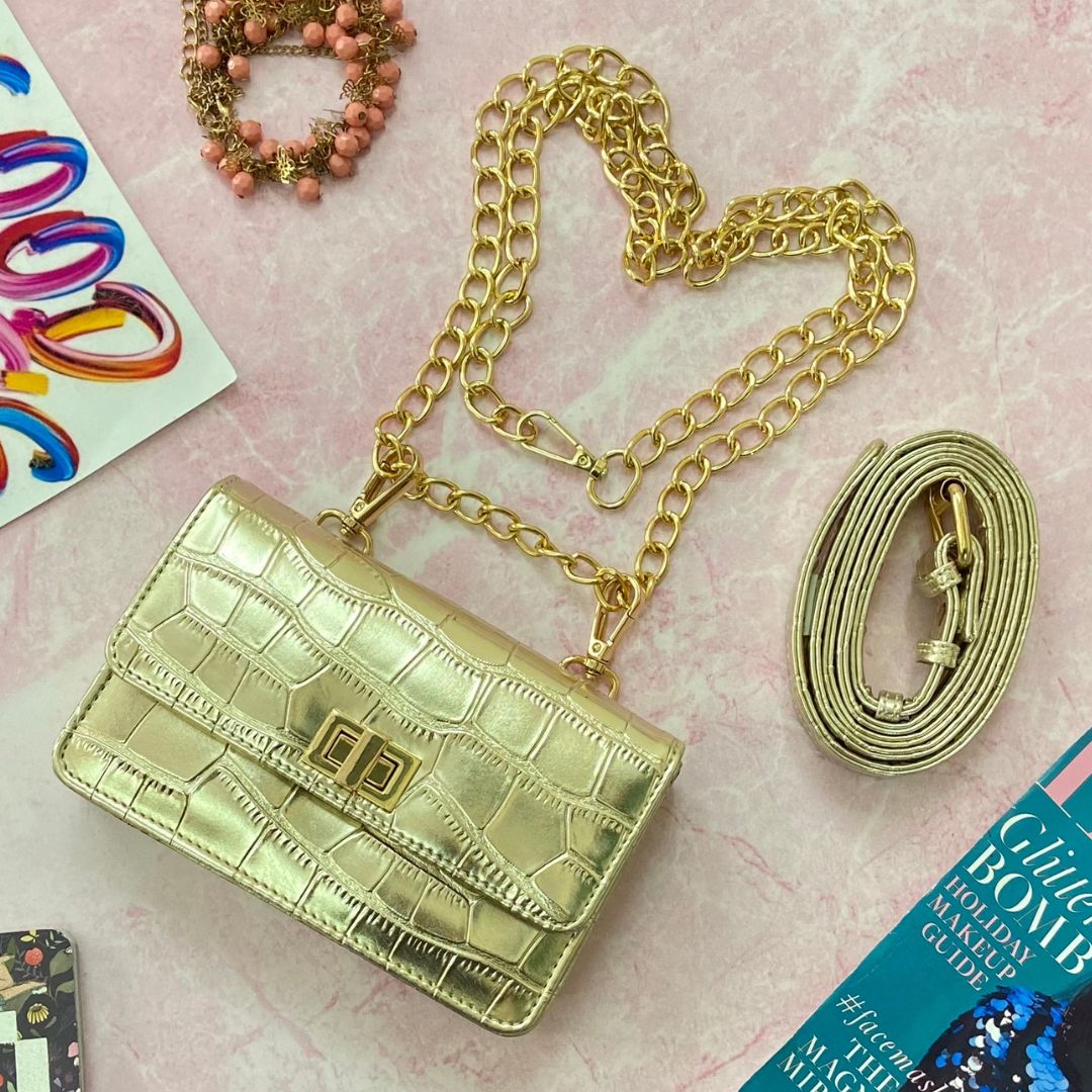 Gold Clip On Phone Size Waist Cum Sling Bag