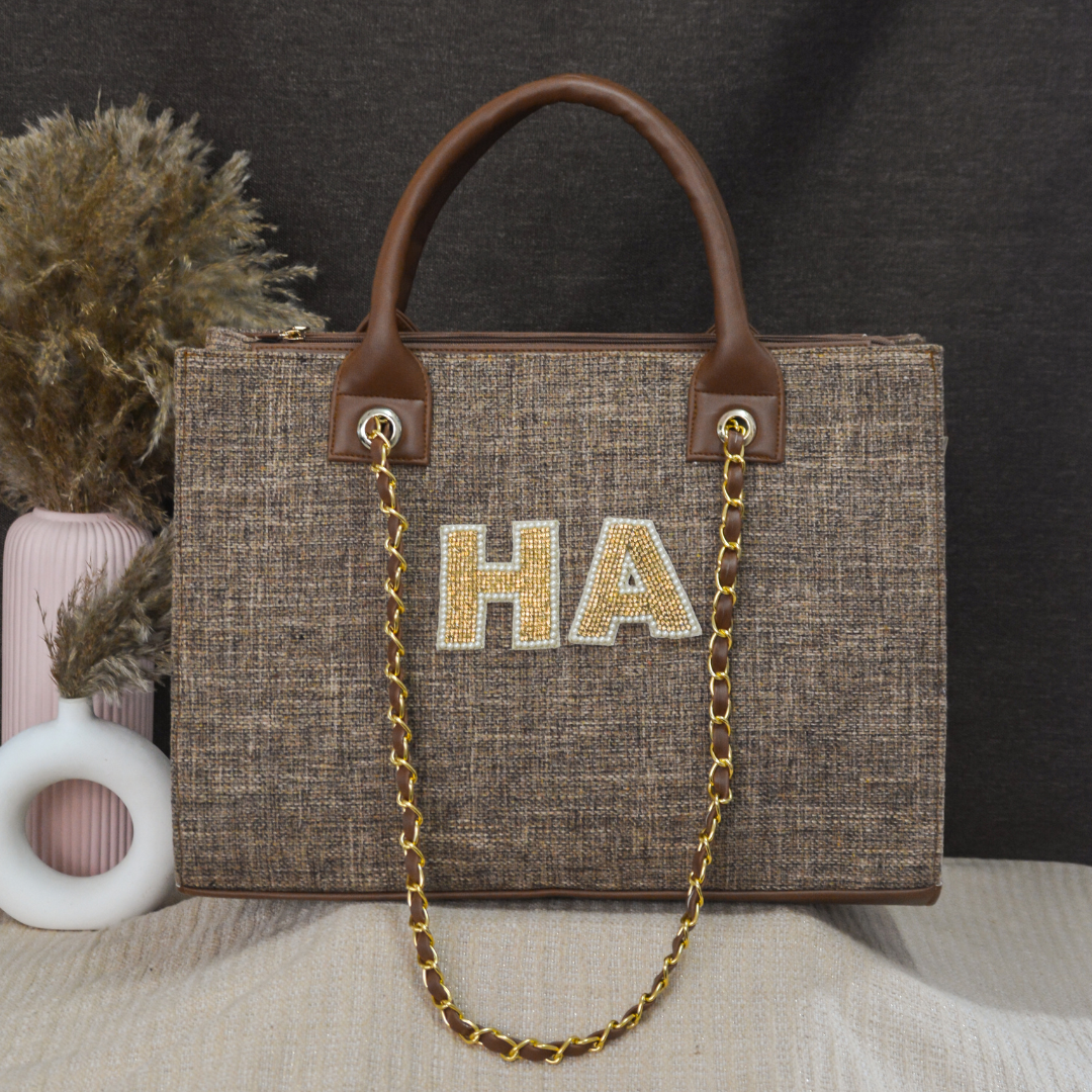 Light Brown Chain Tote Handwork (2 Initials)