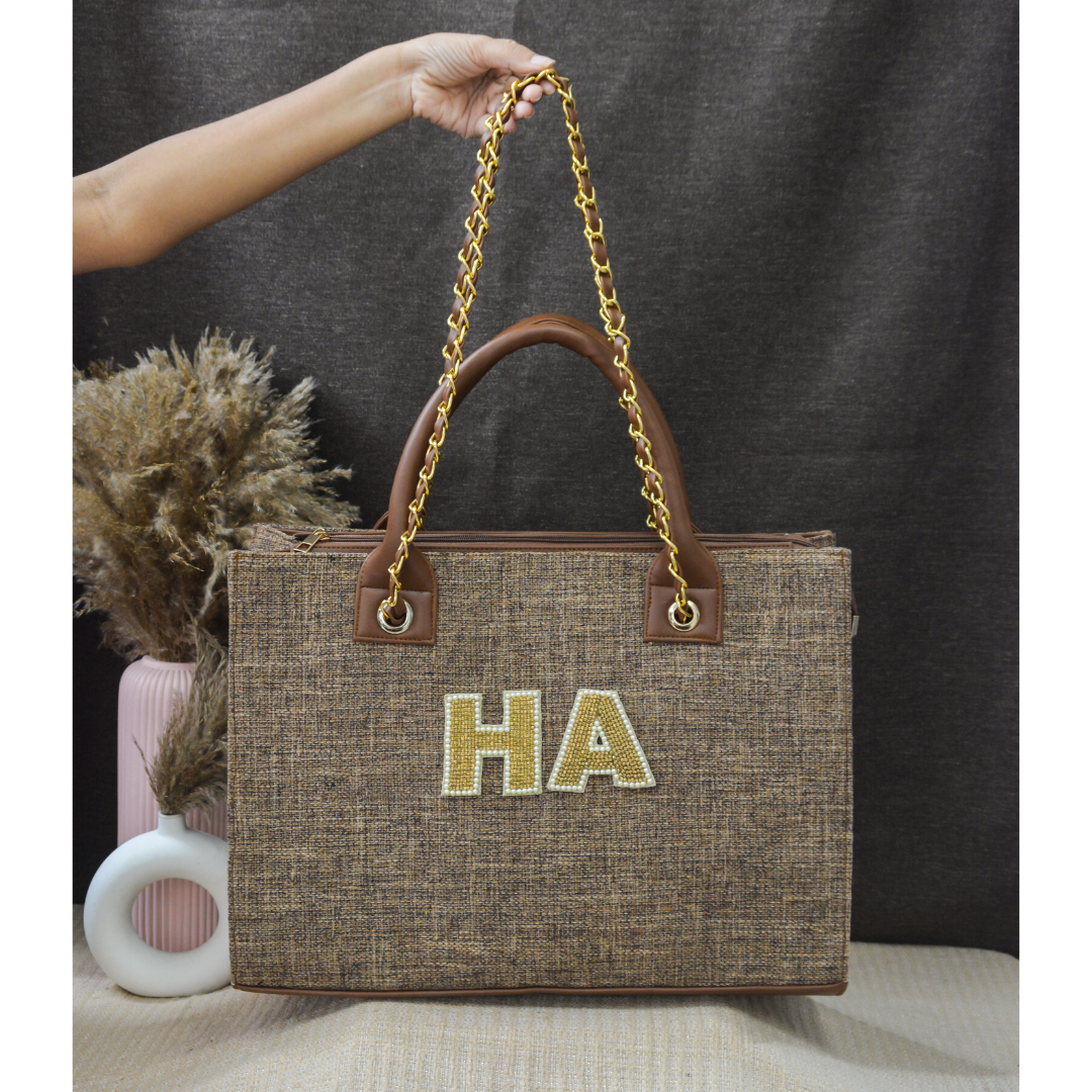 Light Brown Chain Tote Handwork (2 Initials)