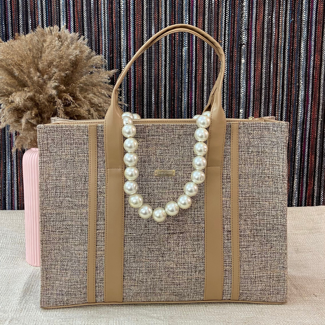 Light Brown Monogram Book Tote Metal Initials