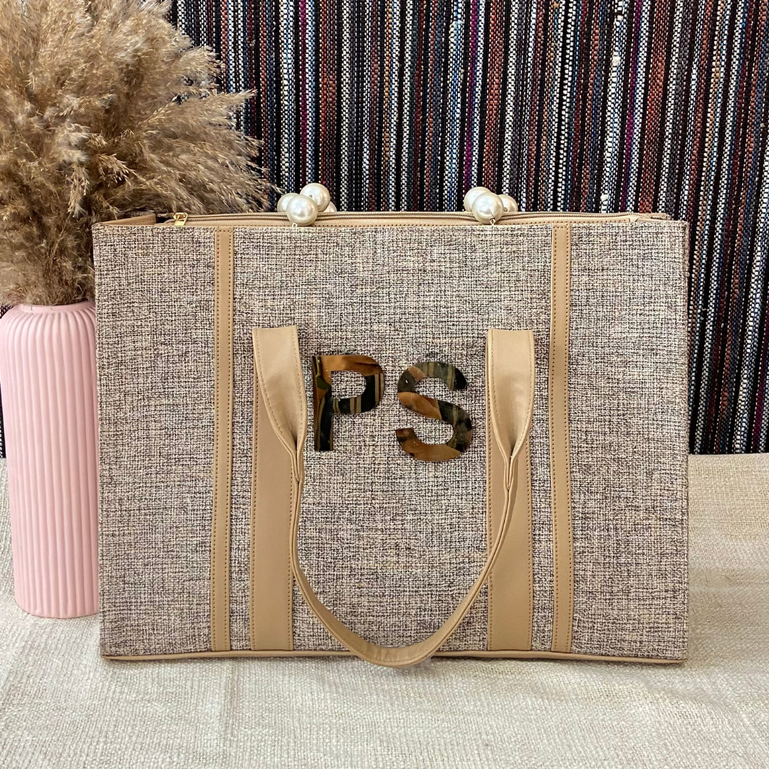 Light Brown Monogram Book Tote Metal Initials