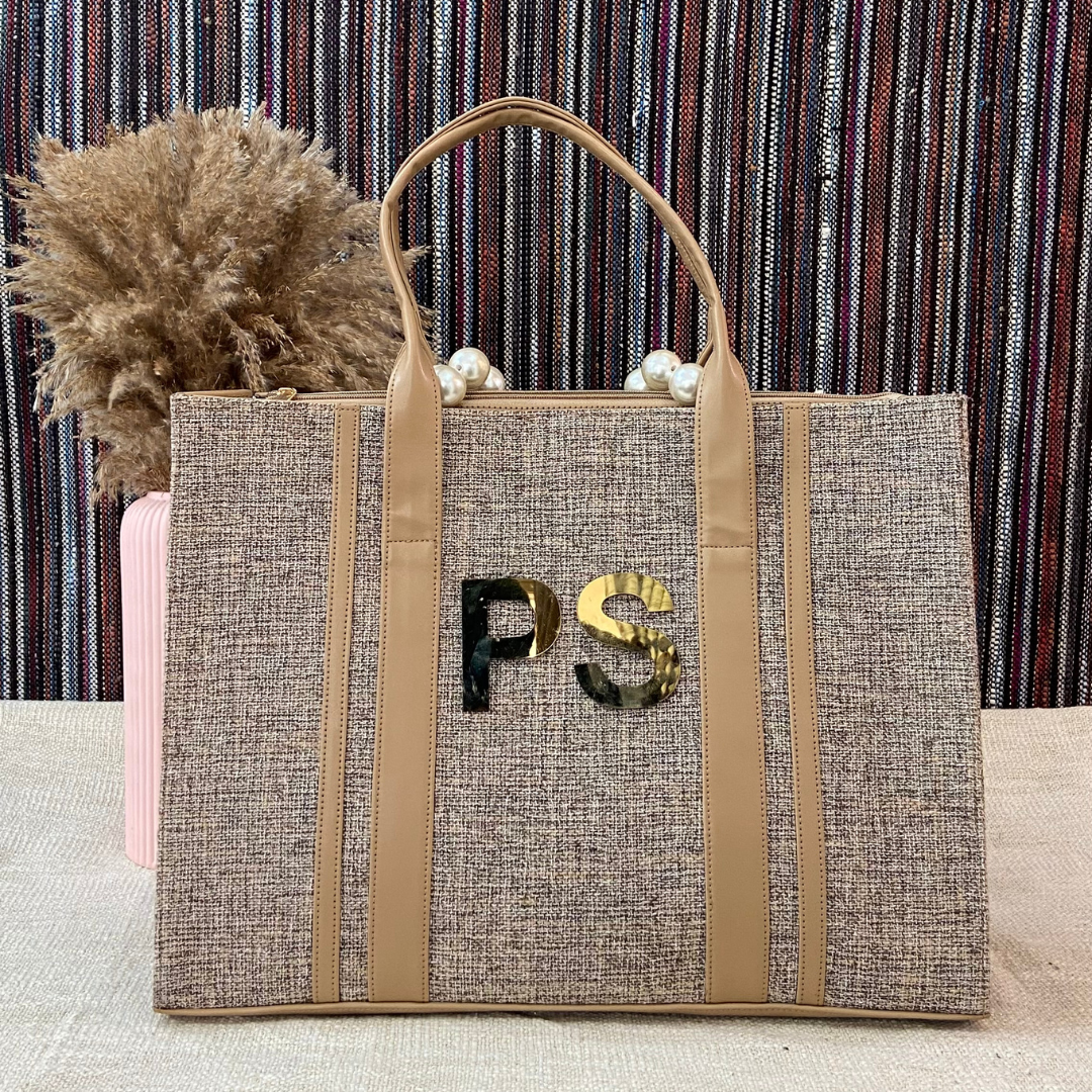 Light Brown Monogram Book Tote Metal Initials