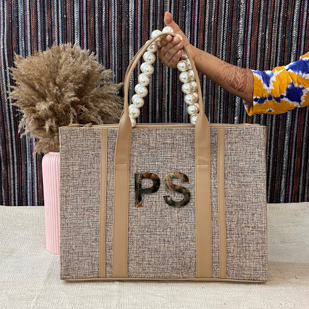 Light Brown Monogram Book Tote Metal Initials