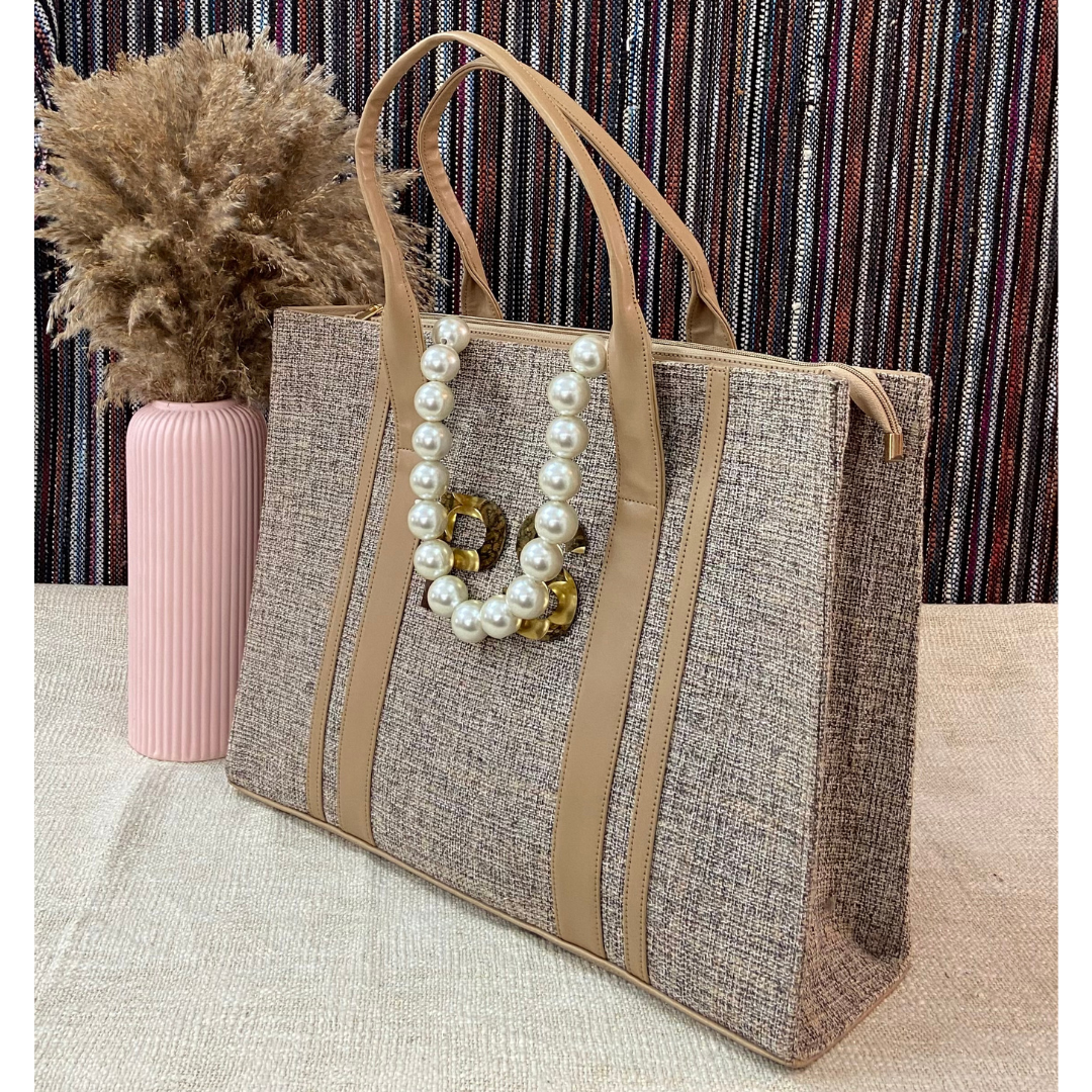 Light Brown Monogram Book Tote Metal Initials