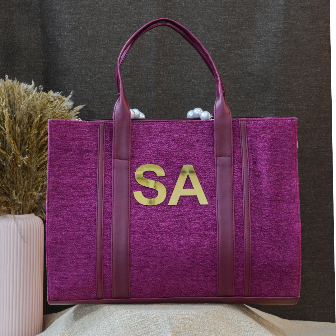 Magenta Pink Monogram Book Tote Metal Initials