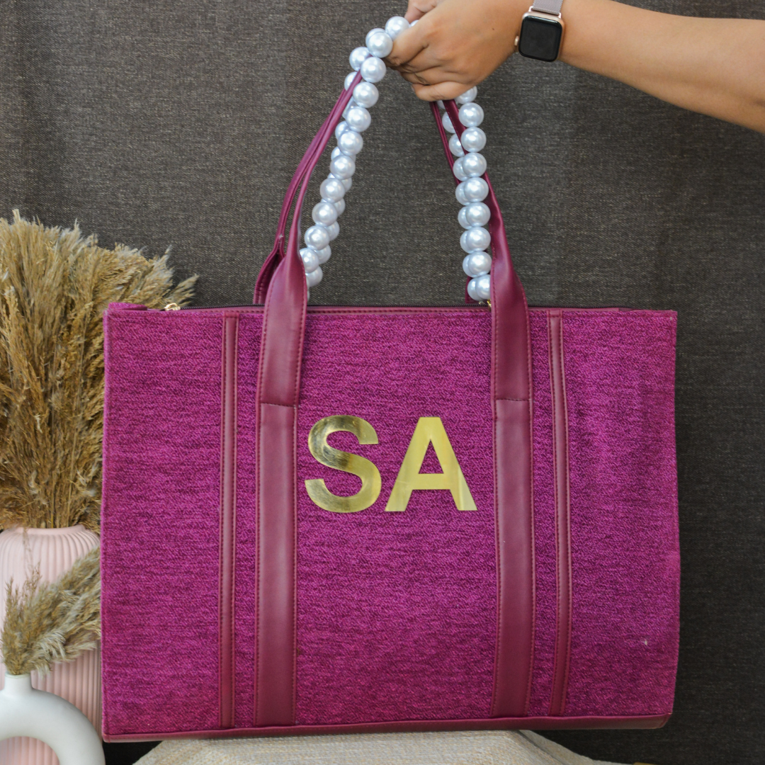 Magenta Pink Monogram Book Tote Metal Initials