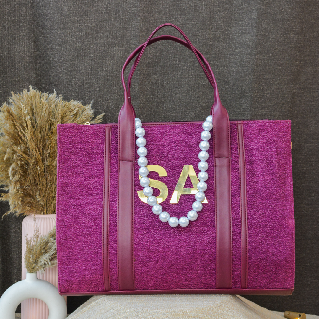 Magenta Pink Monogram Book Tote Metal Initials