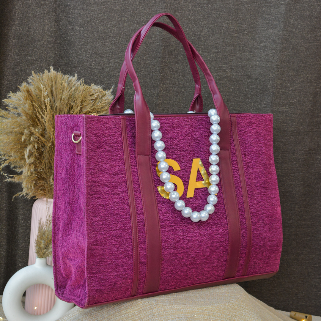 Magenta Pink Monogram Book Tote Metal Initials