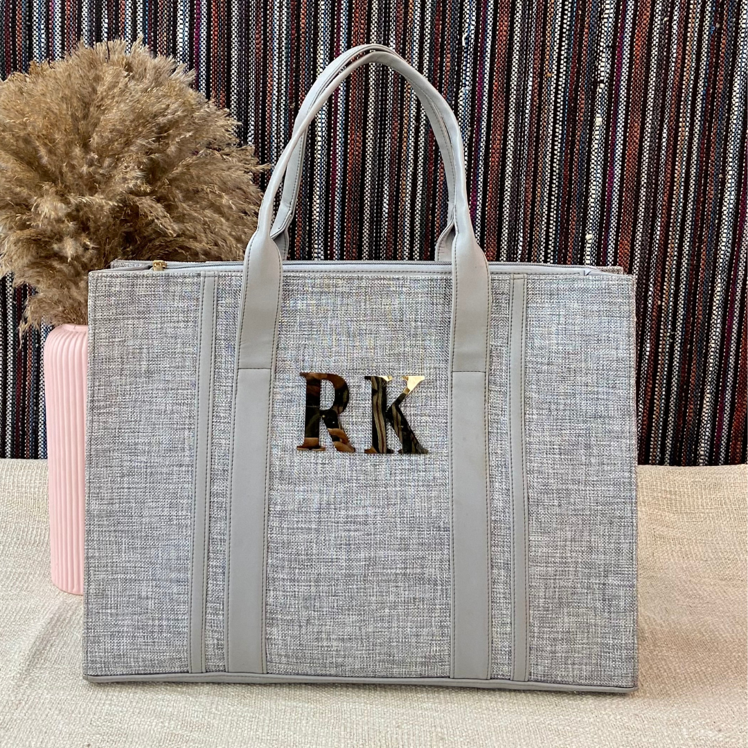Metallic Grey Monogram Book Tote Metal Initials