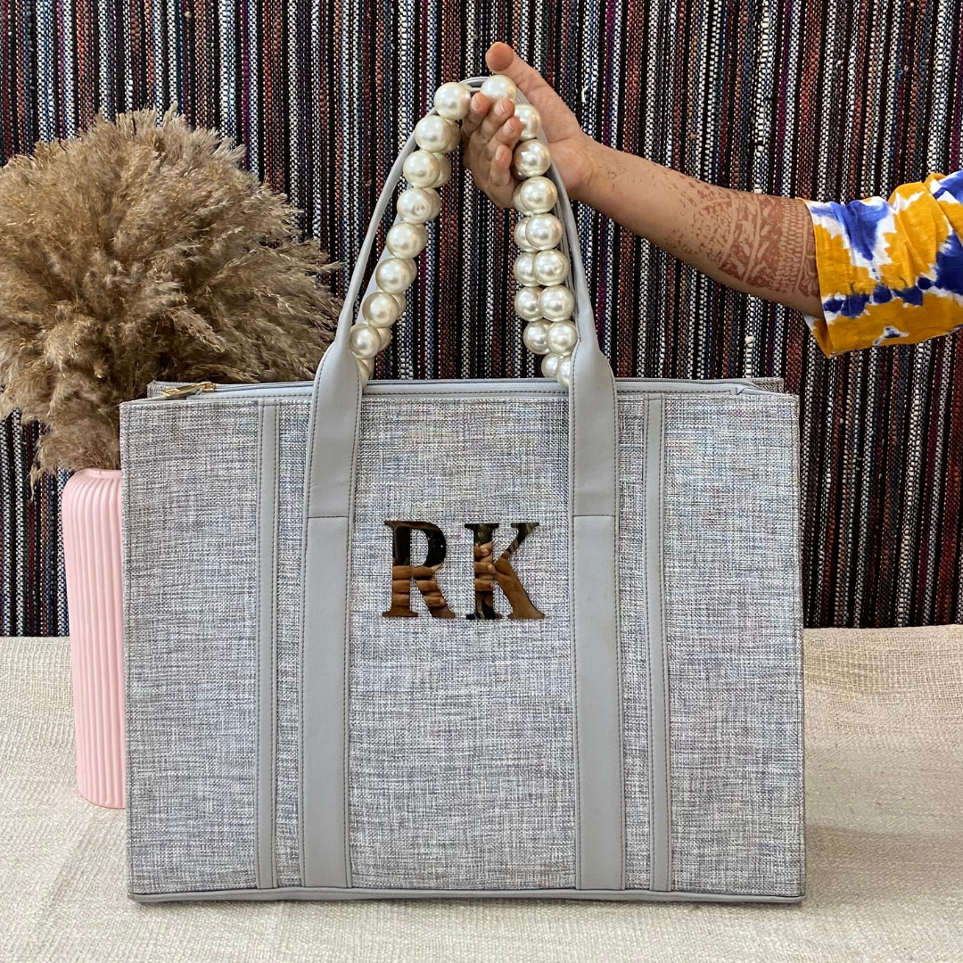 Metallic Grey Monogram Book Tote Metal Initials