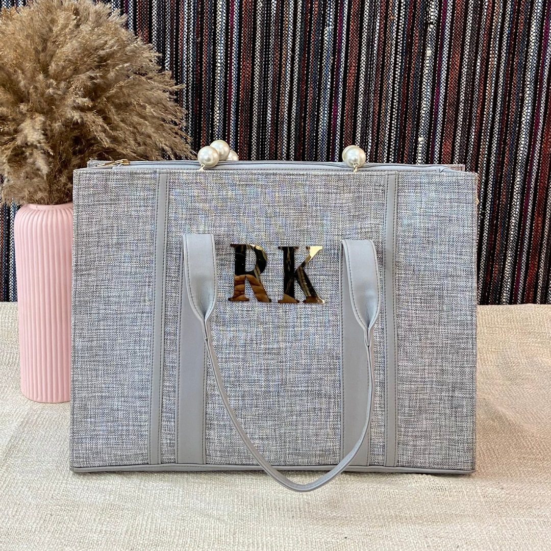 Metallic Grey Monogram Book Tote Metal Initials