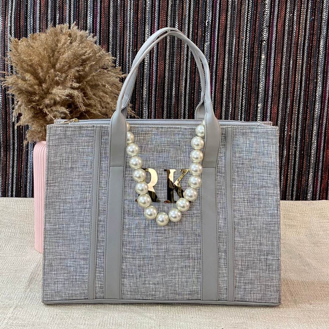 Metallic Grey Monogram Book Tote Metal Initials