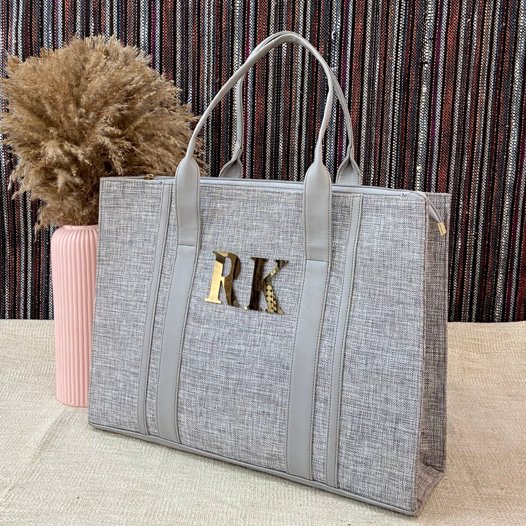 Metallic Grey Monogram Book Tote Metal Initials