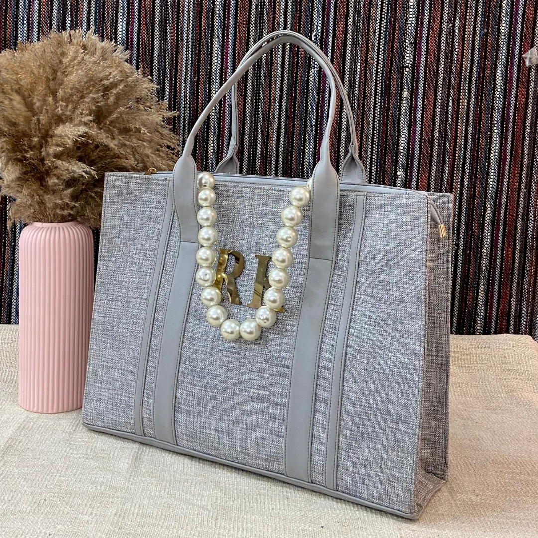 Metallic Grey Monogram Book Tote Metal Initials