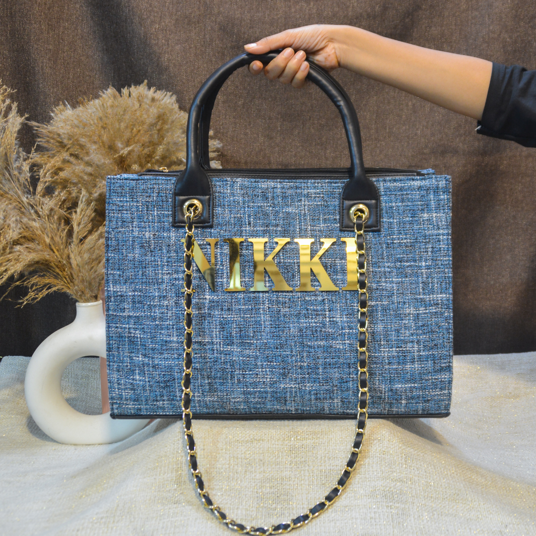 Midnight Blueberry Chain Tote Full Name Metal (1 Line Initials)