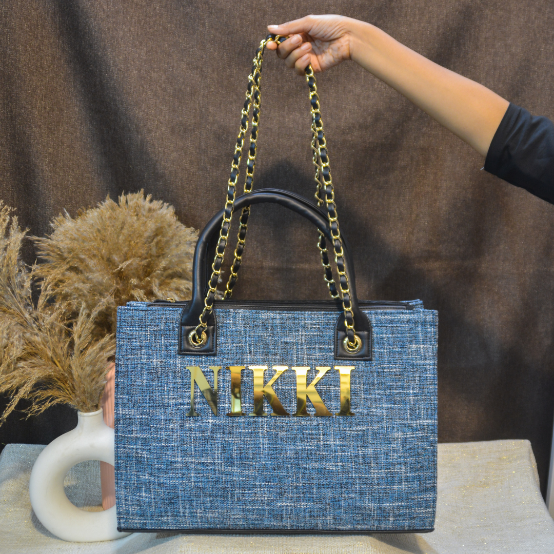 Midnight Blueberry Chain Tote Full Name Metal (1 Line Initials)