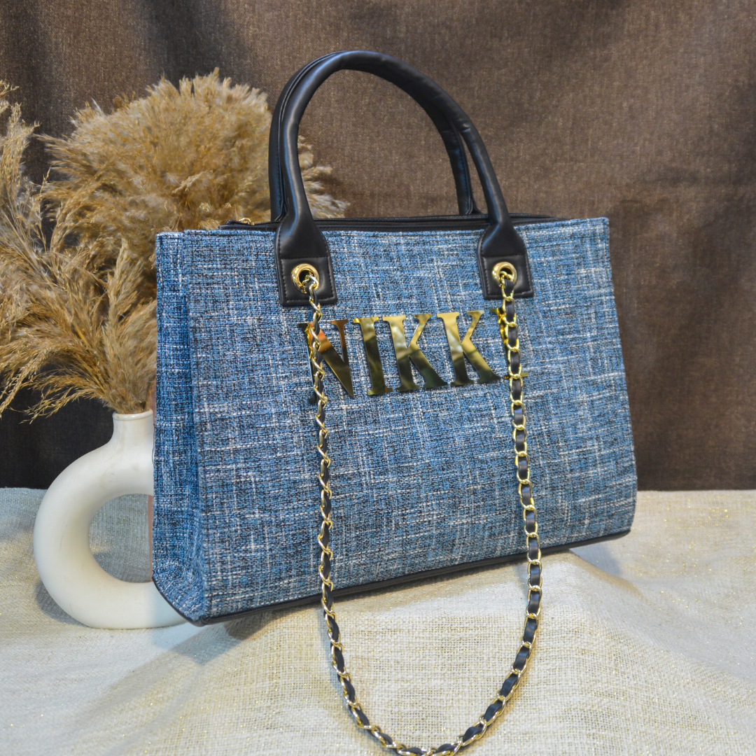 Midnight Blueberry Chain Tote Full Name Metal (1 Line Initials)