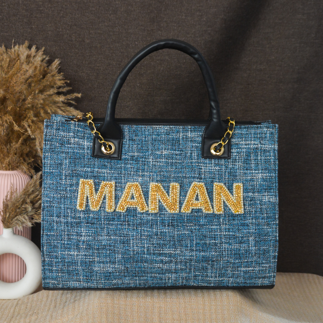 Midnight Blueberry Chain Tote Full Name Handwork (1 Line Initials)