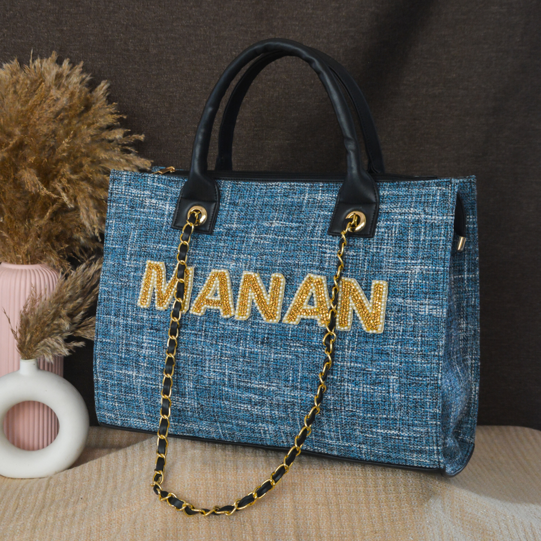 Midnight Blueberry Chain Tote Full Name Handwork (1 Line Initials)