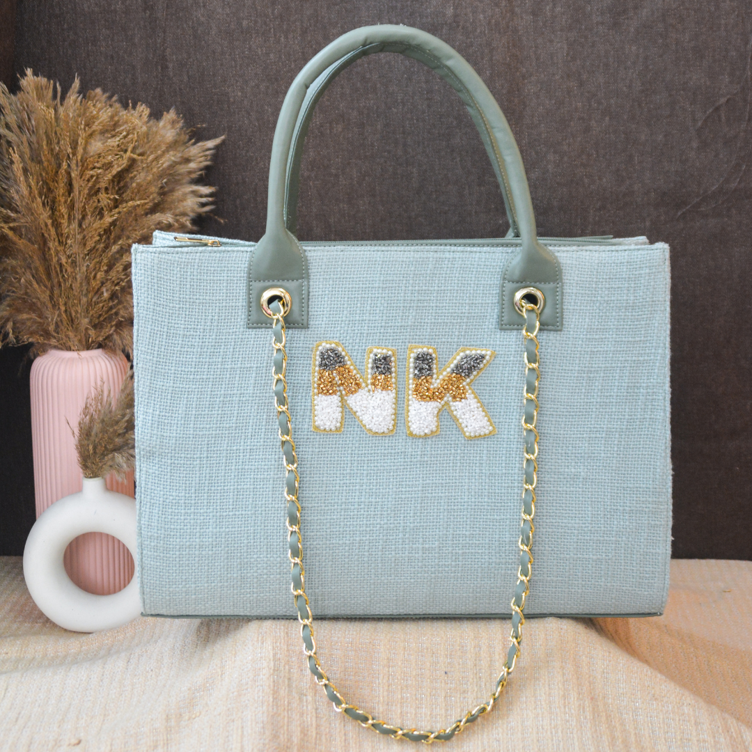 Mint Green Chain Tote Tri-color Handwork (2 Initials)