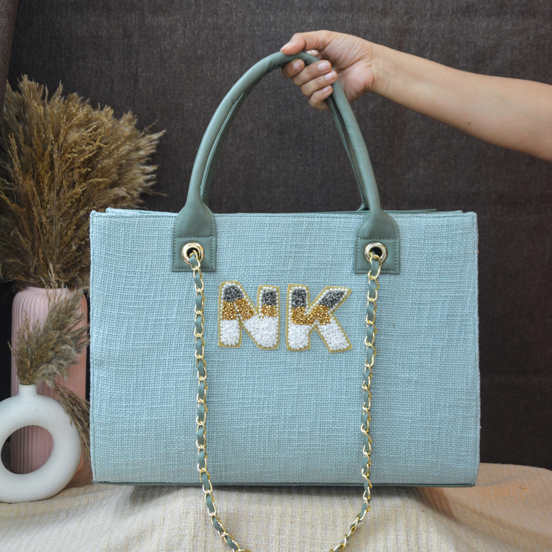 Mint Green Chain Tote Tri-color Handwork (2 Initials)