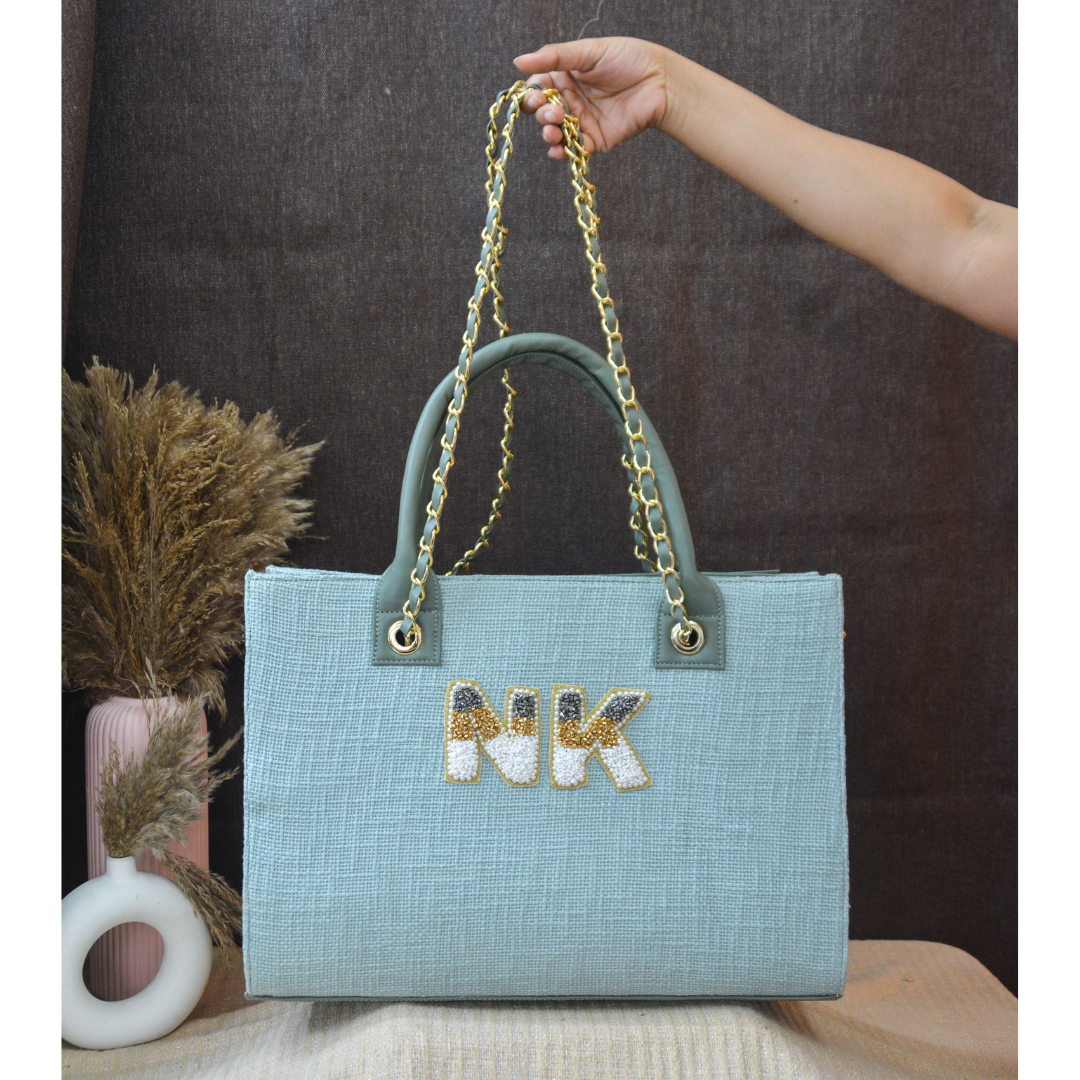 Mint Green Chain Tote Tri-color Handwork (2 Initials)