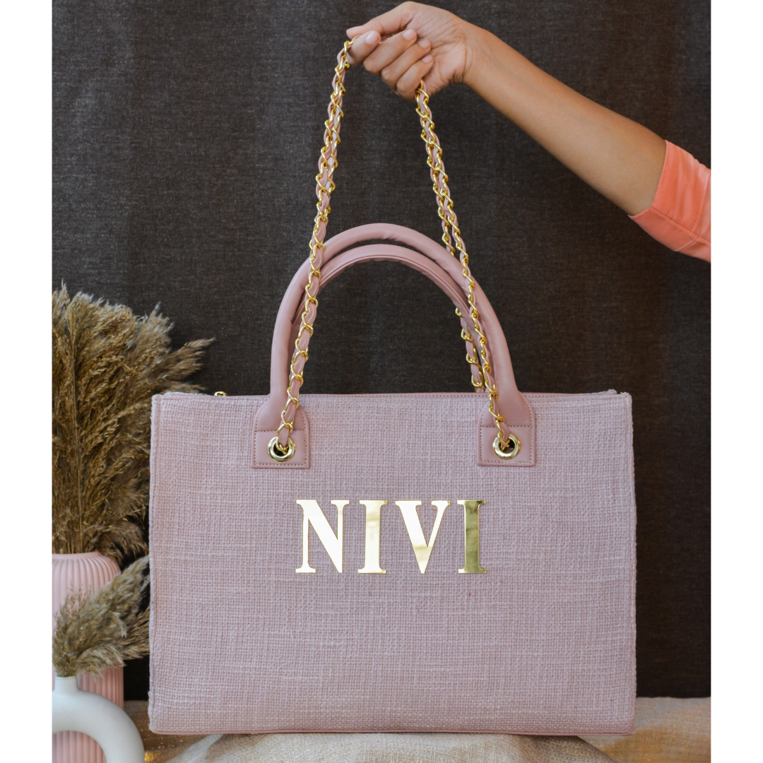 Pastel Pink Chain Tote Full Name Metal Initials