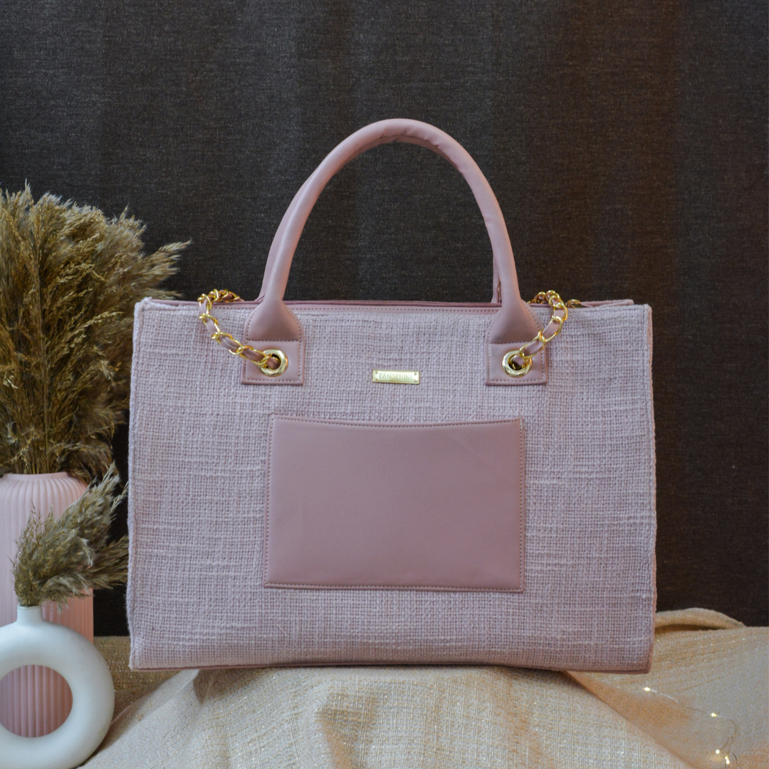 Pastel Pink Chain Tote Full Name Metal Initials