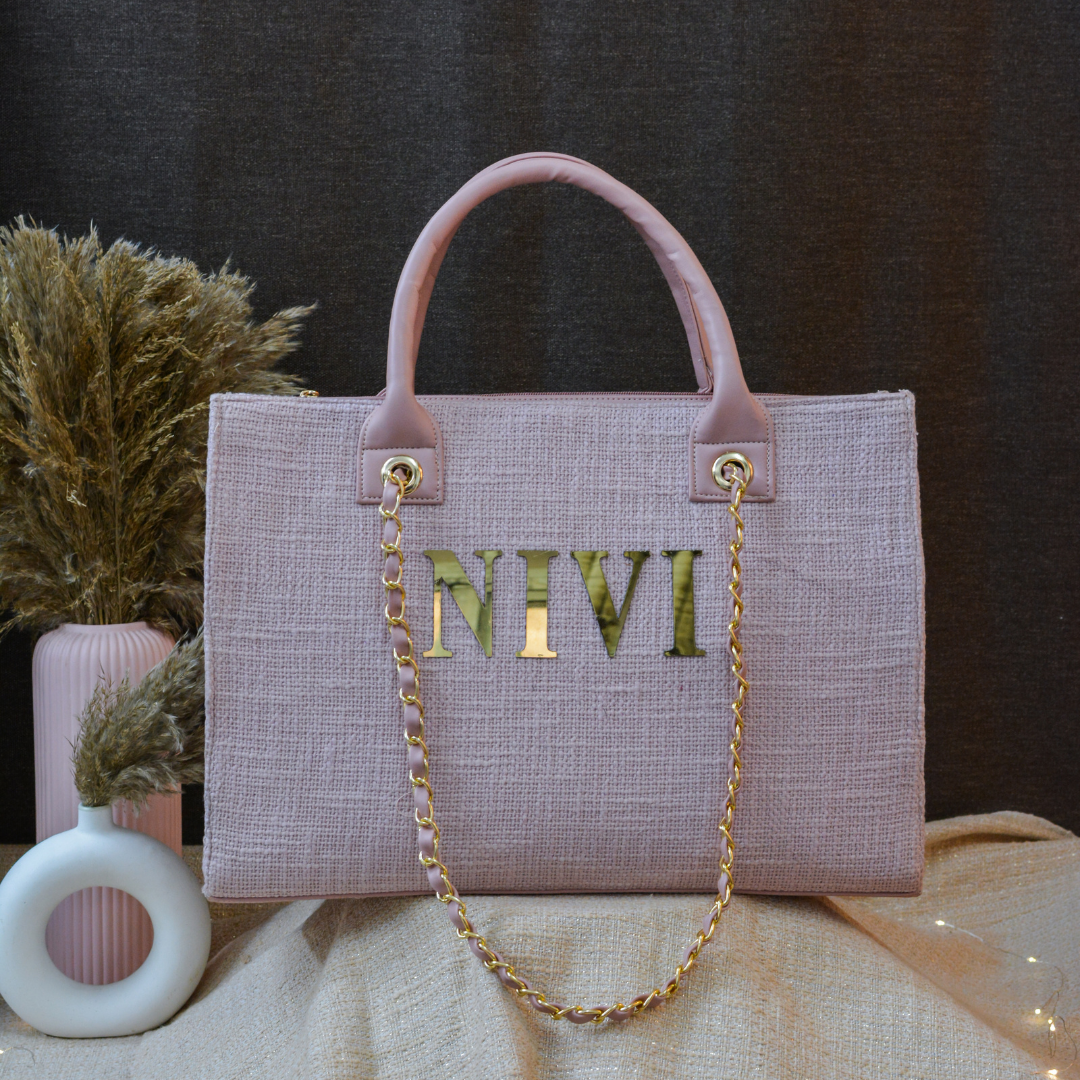 Pastel Pink Chain Tote Full Name Metal Initials