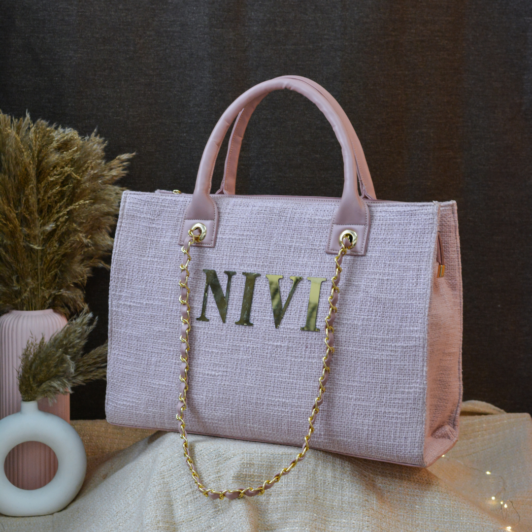 Pastel Pink Chain Tote Full Name Metal Initials