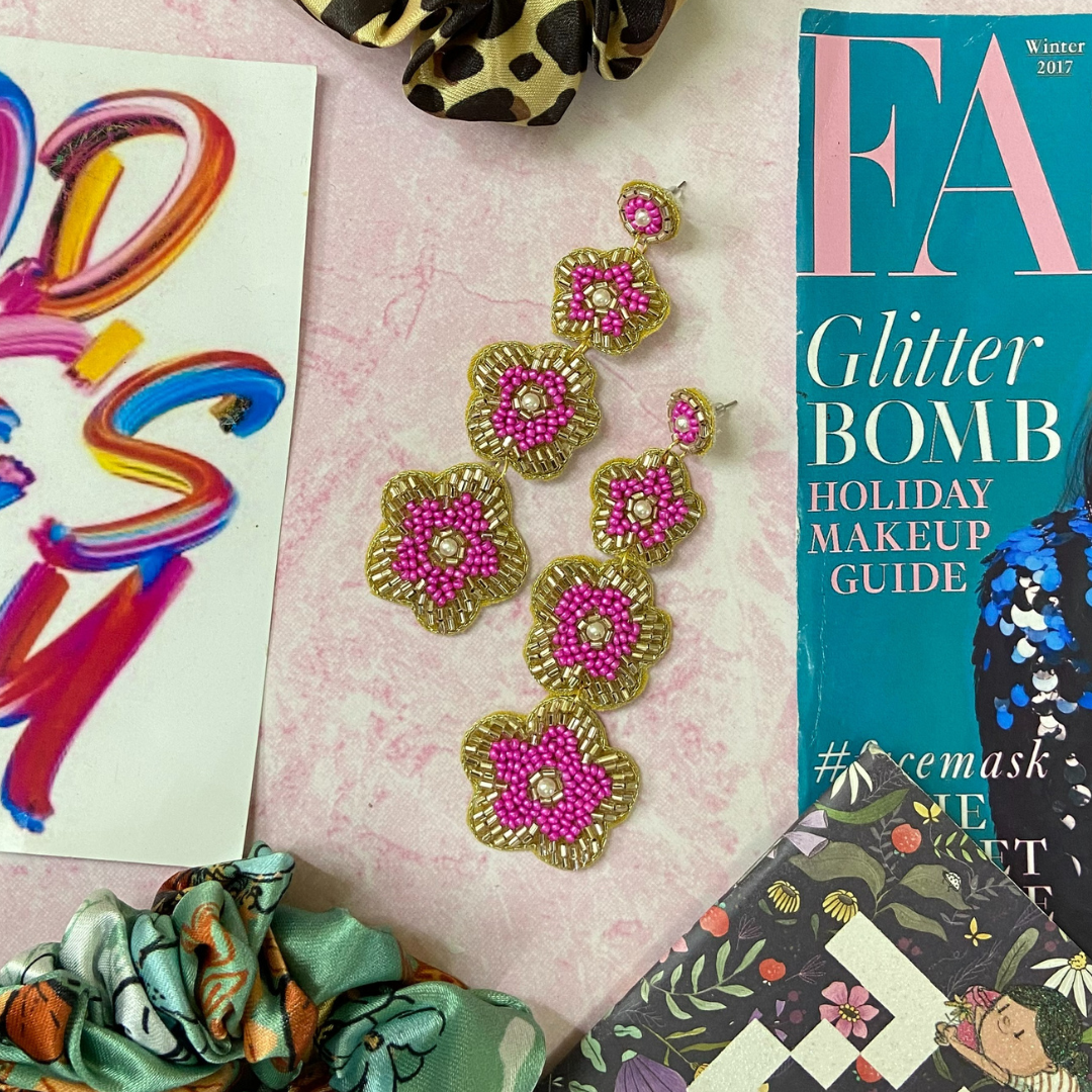 Pink & Gold Floral Drop Earring