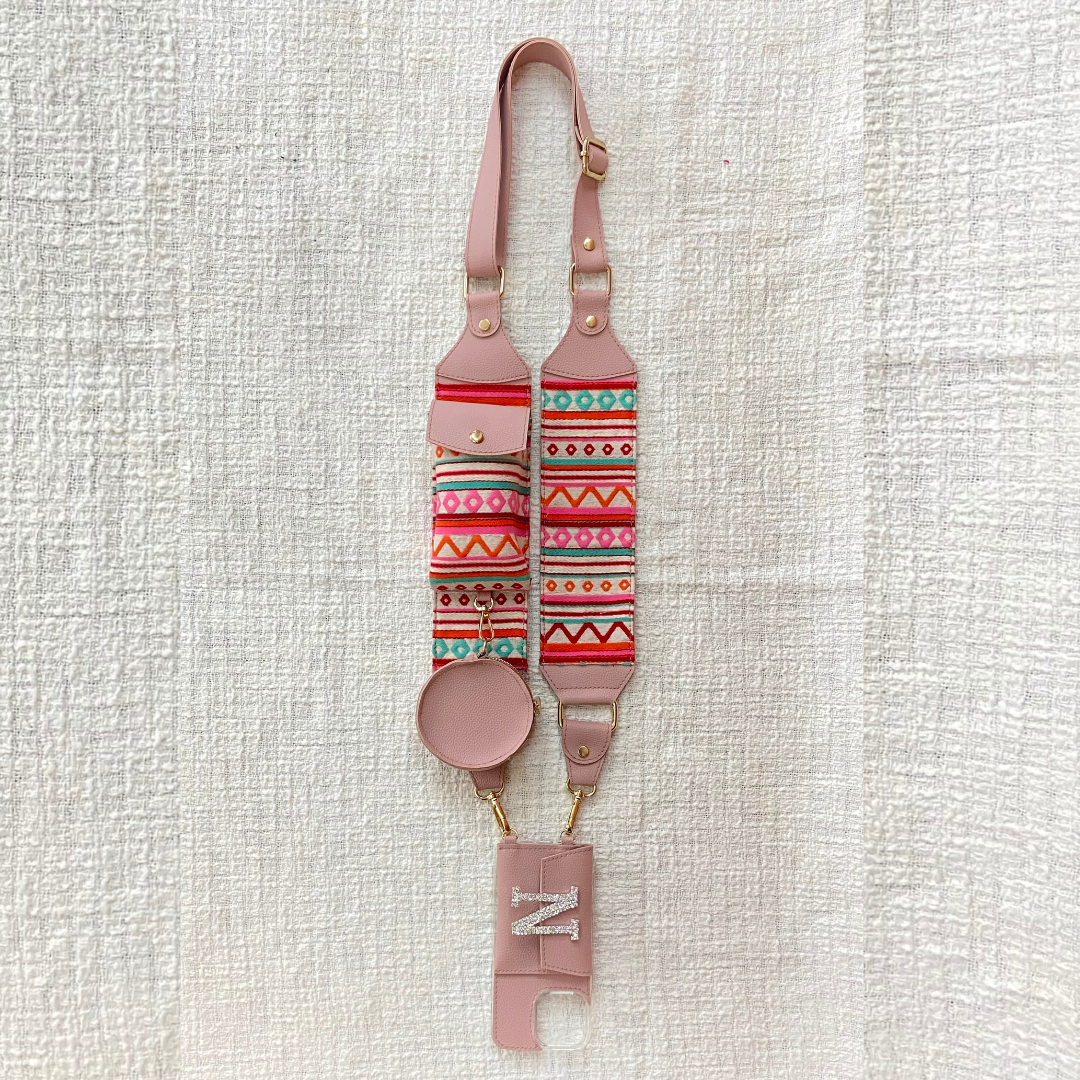 Pink with Boho Cloth on Pocket Pochette Belt with Phone Case