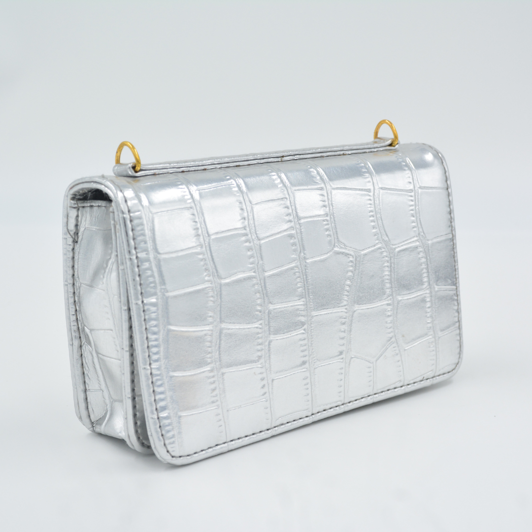 Silver Croc Embossed Monogram Bag