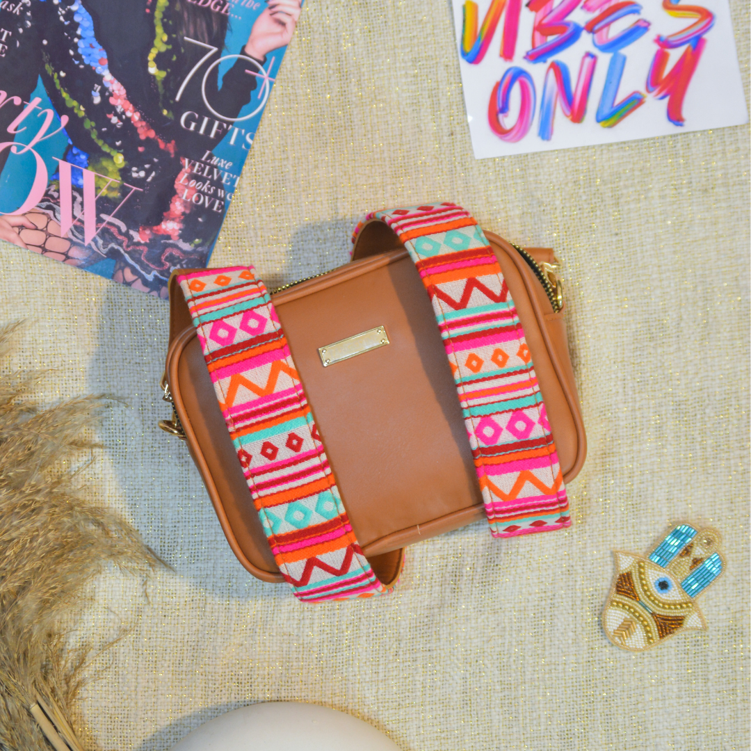 Tan Dual Compartment Bag with Boho Belt.