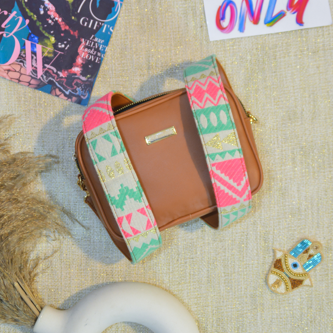 Tan Dual Compartment Bag with Tan Neon Belt