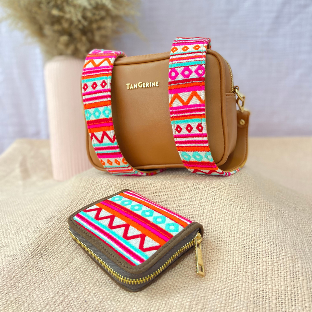 Tan Dual Compartment Bag with Boho Belt + Mini Wallet Combo