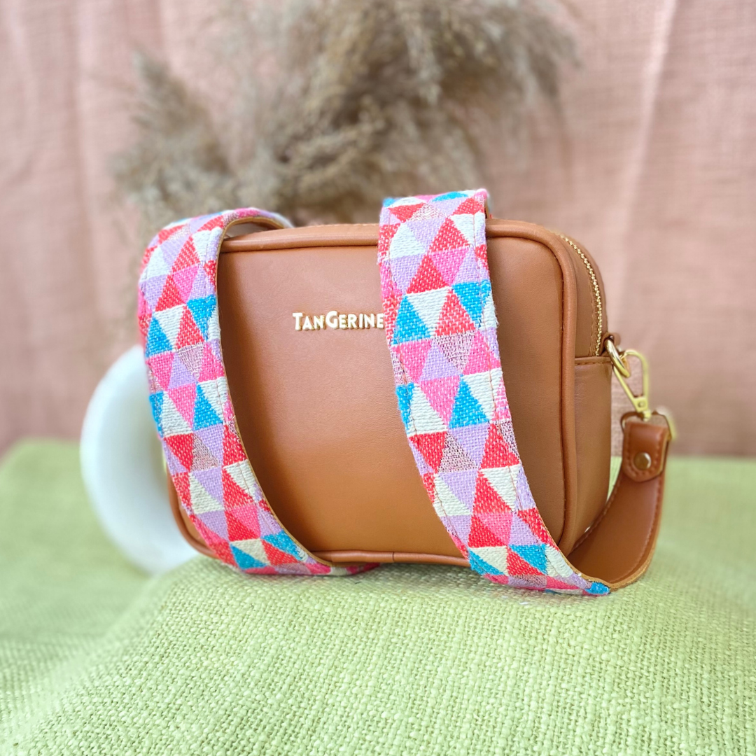 Tan Dual Compartment Bag with Pink Multi-color Triangle Belt + Mini Wallet Combo