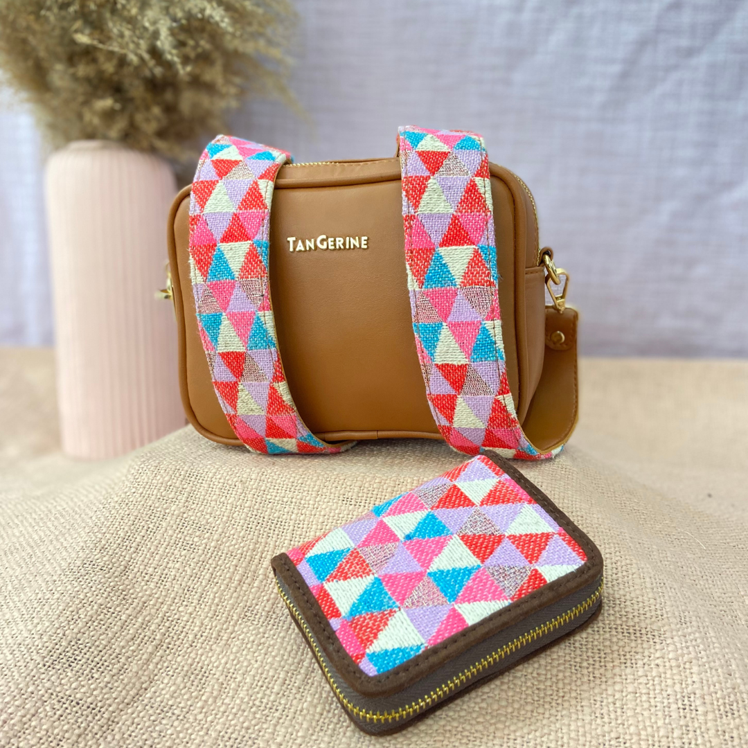 Tan Dual Compartment Bag with Pink Multi-color Triangle Belt + Mini Wallet Combo