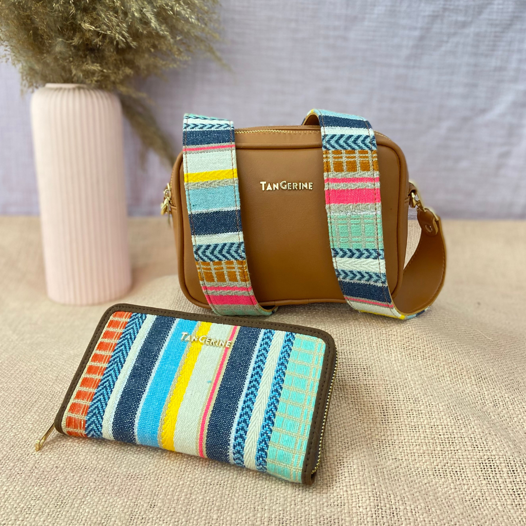 Tan Dual Compartment Bag with Tan Vibrant Belt + Mini Wallet + Big Wallet Combo