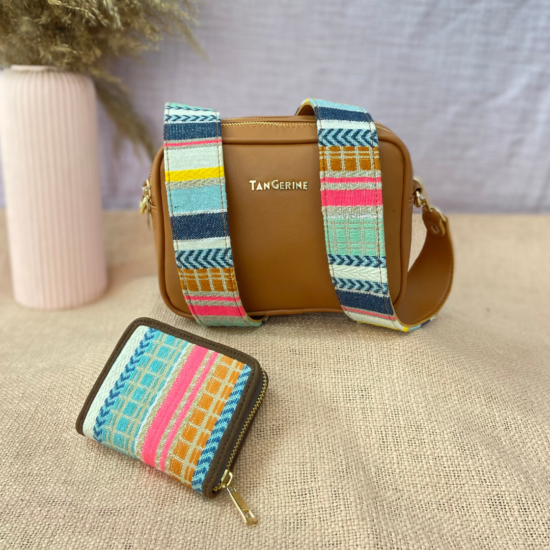 Tan Dual Compartment Bag with Tan Vibrant Belt + Mini Wallet Combo