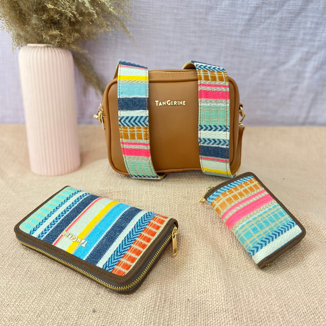 Tan Dual Compartment Bag with Tan Vibrant Belt + Mini Wallet + Big Wallet Combo