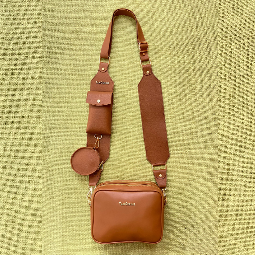 Tan Dual Compartment + Tan plain Pochette Belt