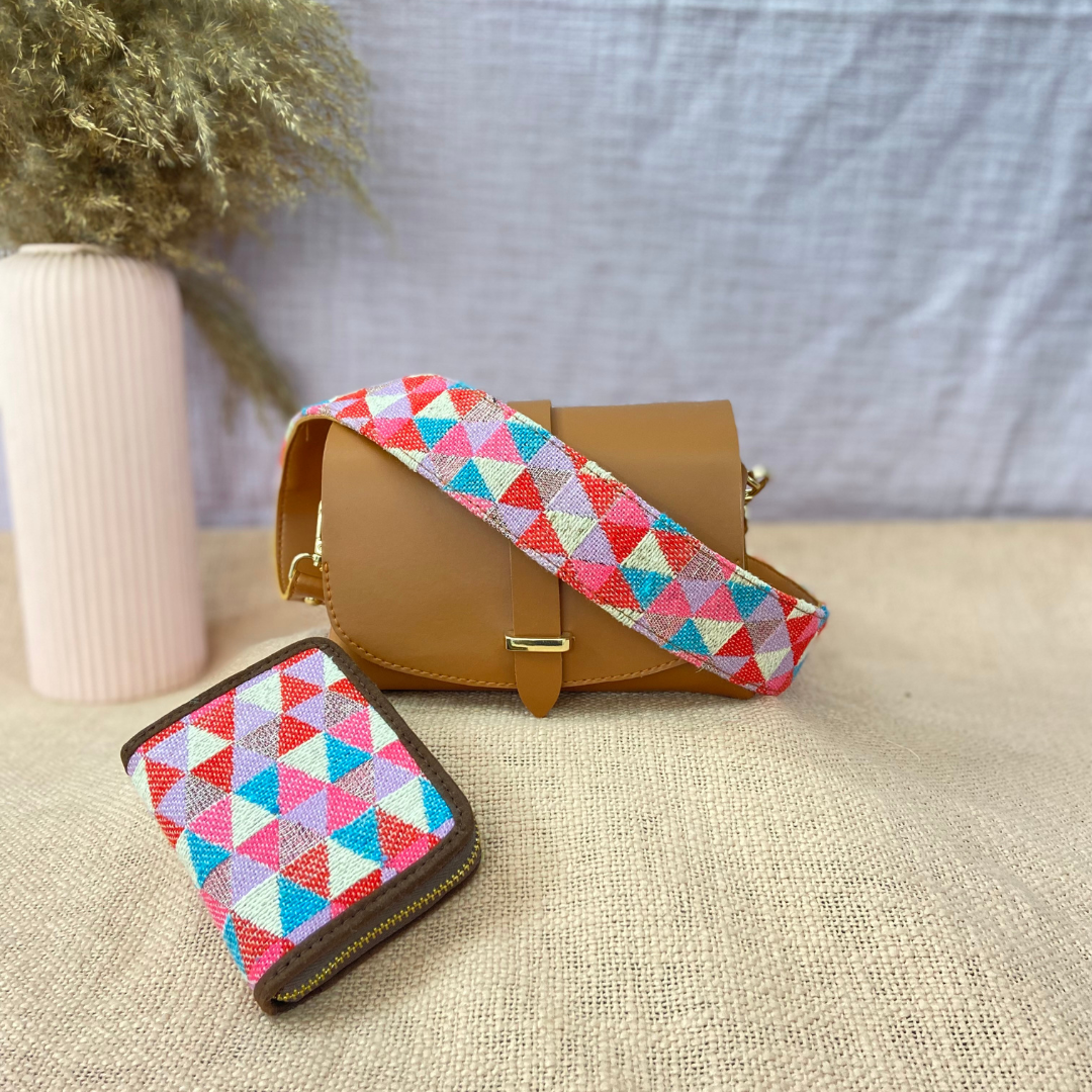 Tan Eva Bag with Pink Multi-color Triangle Belt + Mini Wallet