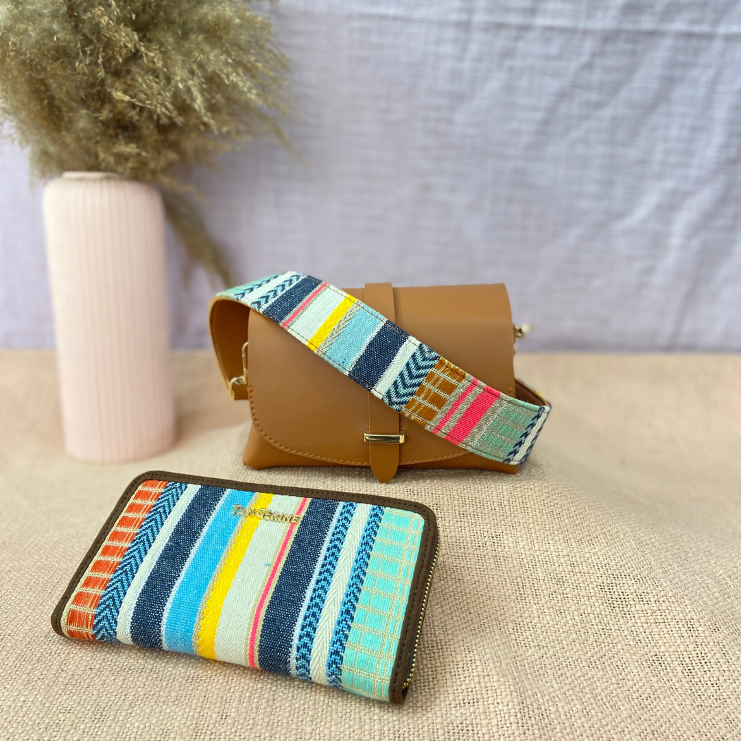 Tan Eva Bag with Vibrant Belt + Big Wallet