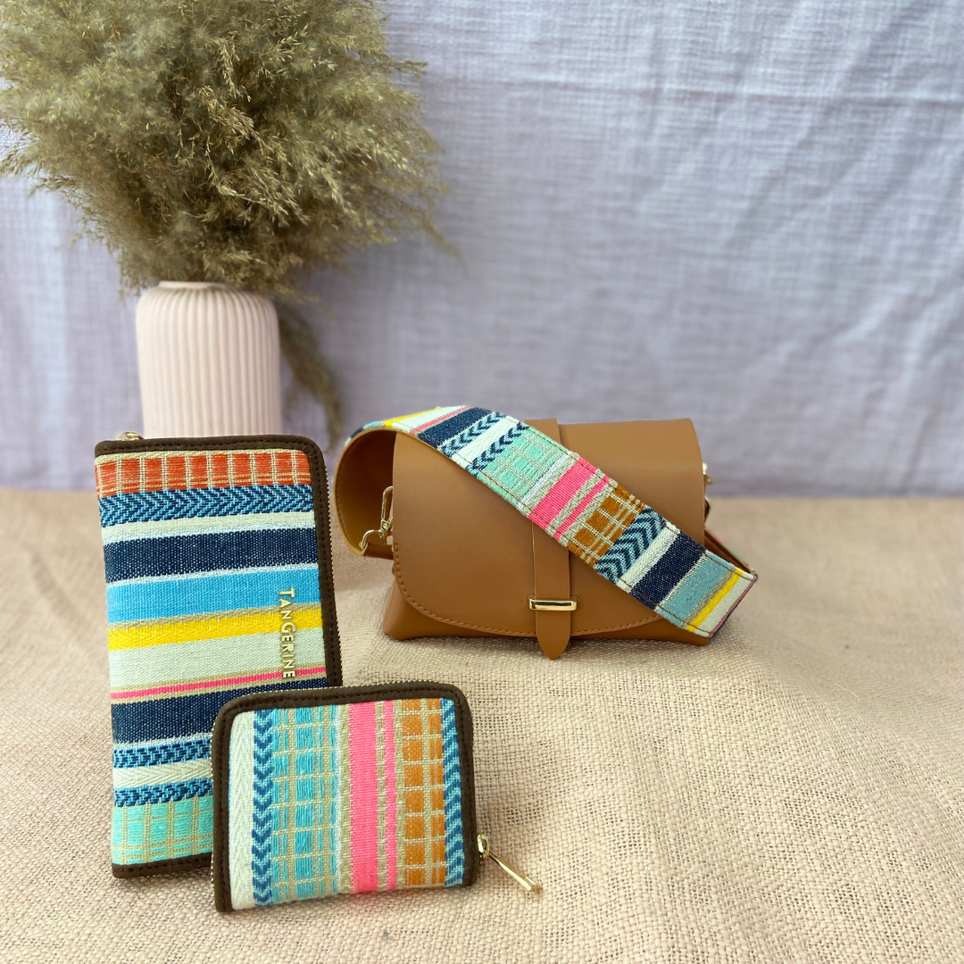 Tan Eva Bag with Vibrant Belt +Big & Mini Wallet Combo