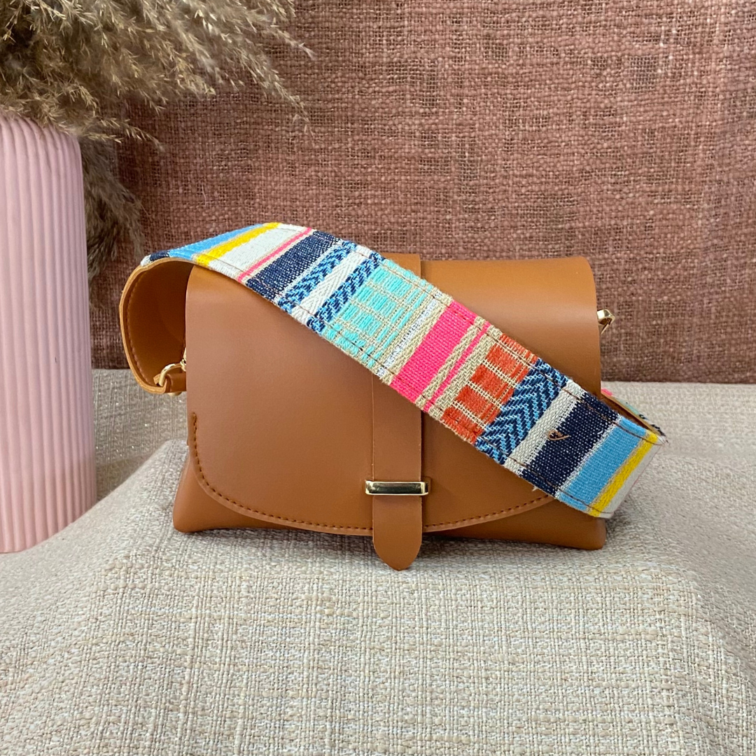 Tan Eva Bag with Vibrant Belt + Big Wallet
