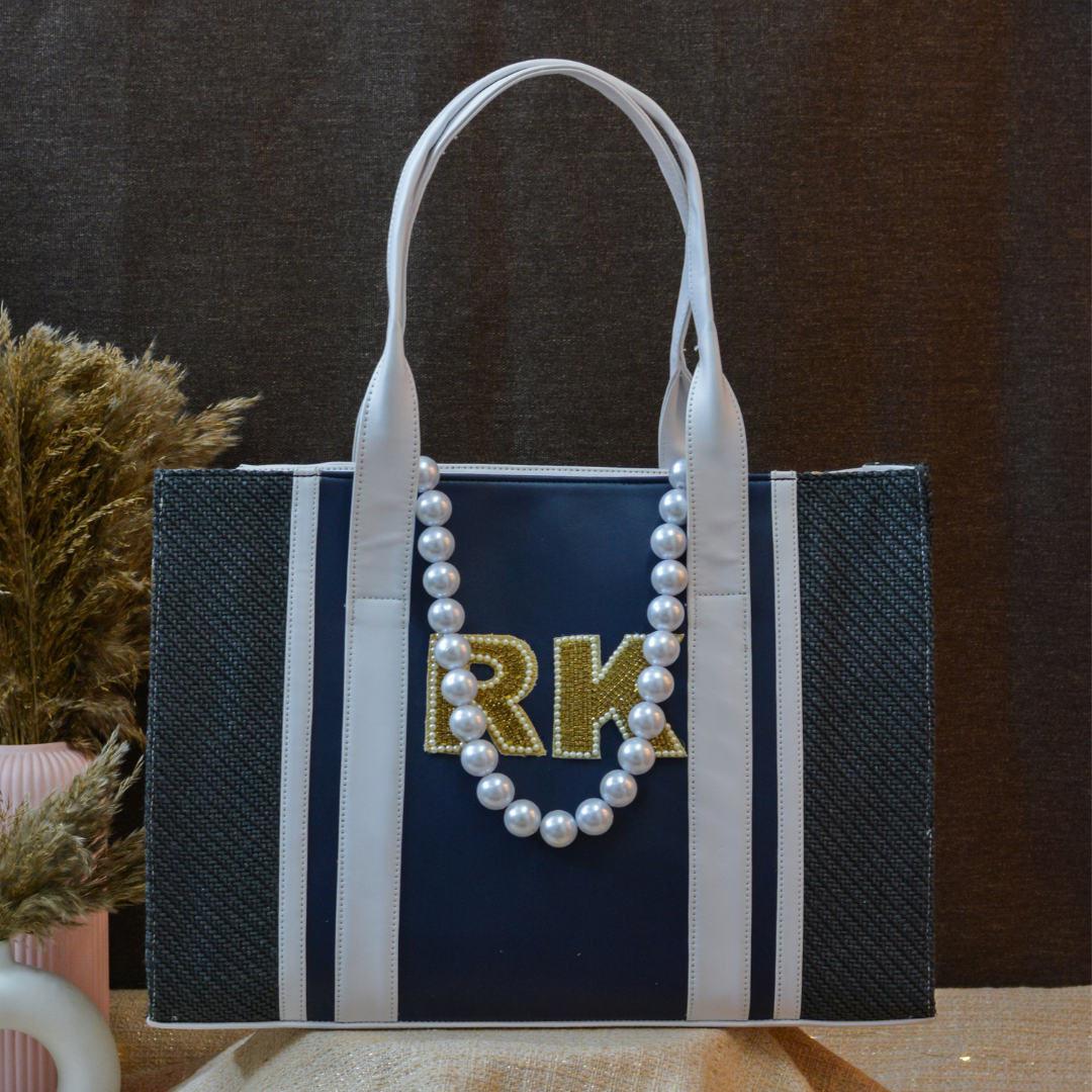 Tri-Color Monogram Book Tote Handwork Initials