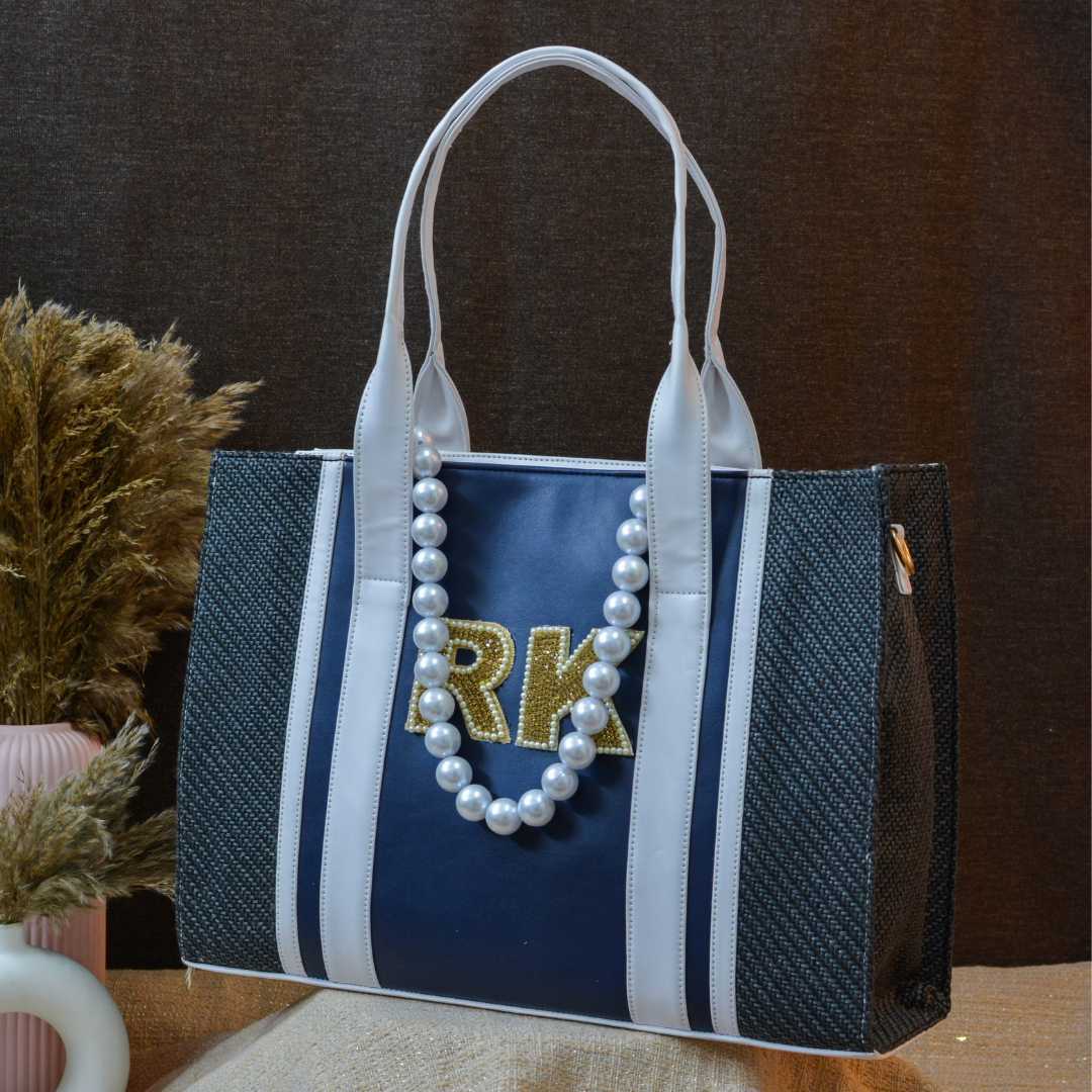 Tri-Color Monogram Book Tote Handwork Initials