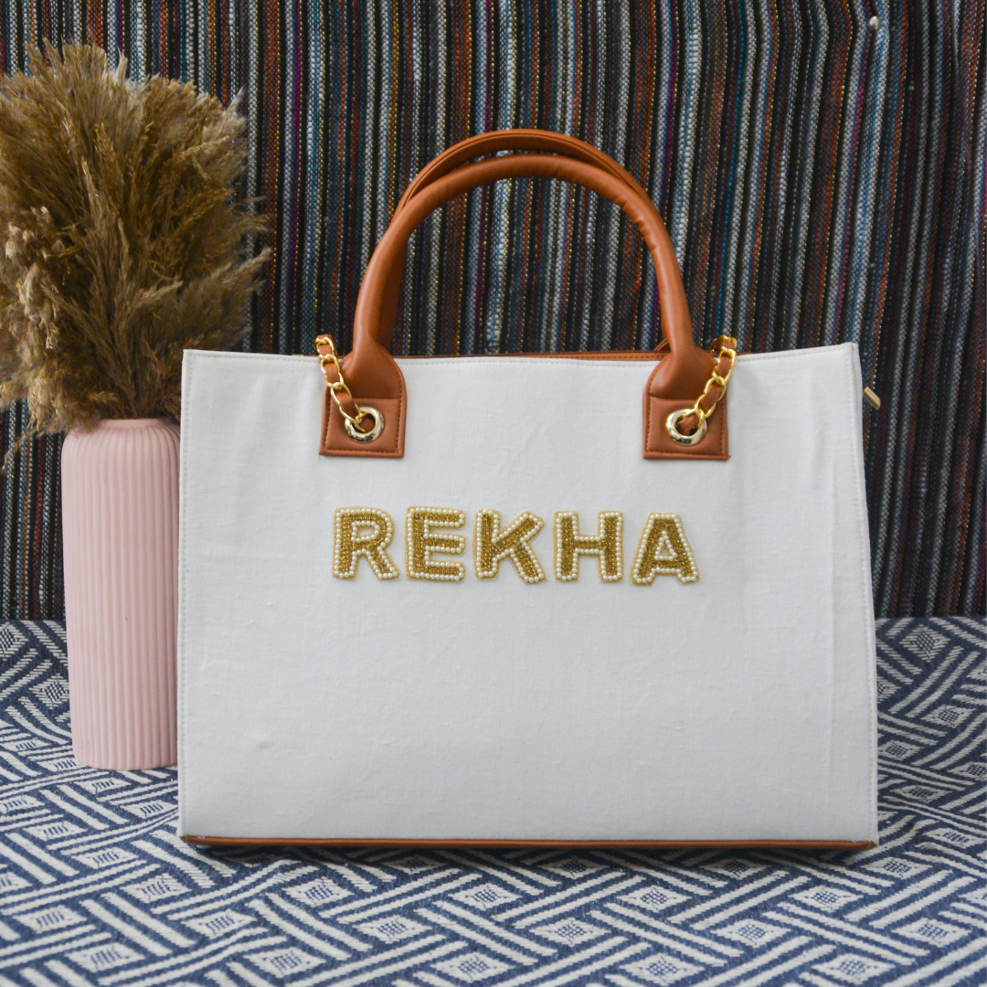 White Chain Tote Full Name Handwork (1 Lines Initials)