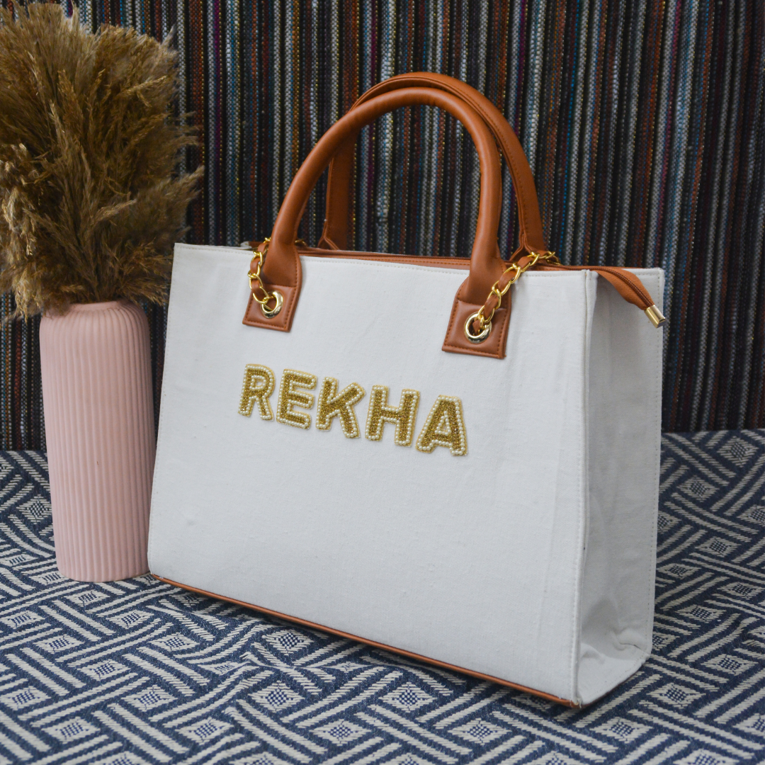 White Chain Tote Full Name Handwork (1 Lines Initials)